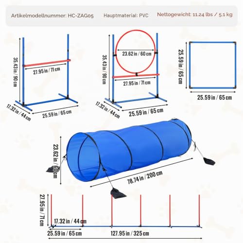 VEVOR Agility Set Hunde, 5-teiliges Set mit verstellbaren hohen Hürden, 6 Slalomstangen, Tunnel, Sprungring, Pausenbox, Pfeife, Faltbarer Schüssel, Hindernisparcours-Set mit Aufbewahrungstaschen