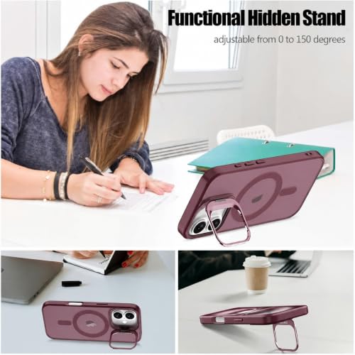 Image of Elzzi Kickstand Case for iPhone 16 Case Compatible with MagSafe, Built-in Adjustable Camera Guard Stand, Translucent Matte Anti-Fingerprint Heavy Duty Shockproof Phone Cover - Cherry