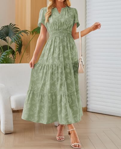 Image of Women's Maxi Dresses Boho Burnout V Neck Short Puff Sleeve Smocked Empire Waist Long Wedding Guest Semi Formal Dress Pockets