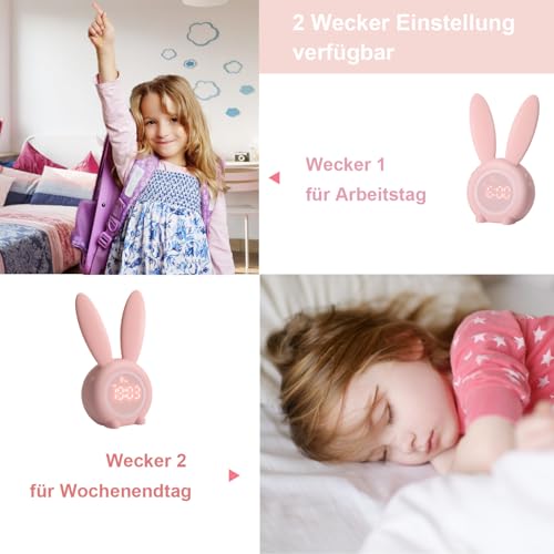 Baby Kinderwecker Mädchen Lichtwecker Hasenwecker Hasen Wecker Kinder mädchen Rabbit Alarm Clock Wake Up mit Schlummerfunktion,6 Laute Geräusche, zeitgesteuertes Nachtlicht Geschenk kawaii deko