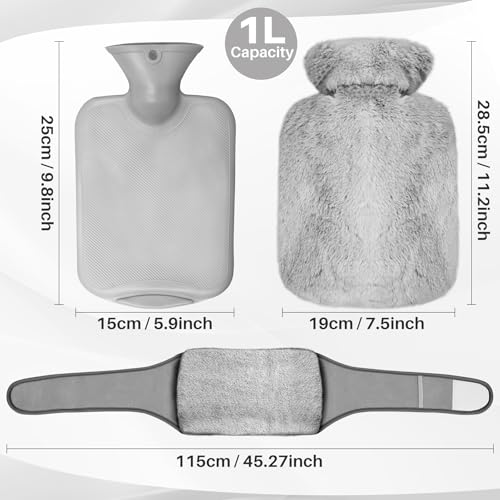 Gucass Wärmflaschengürtel, 3 In 1 Wärmflasche Gürtel, 1L Gummi Wärmflaschen mit Weichem Taillenbezug, Hot Water Bottle Belt Wärmegürtel für Periode Nacken Schulter Rücken Beine Taillenwärmung(Grau)
