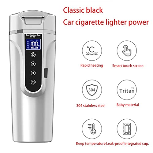 PROPFE 450ml Portable Car Heating Cup 12V Electric Heat Water Cup LCD Display Temperature Kettle Coffee Tea Milk Stainless Steel,White