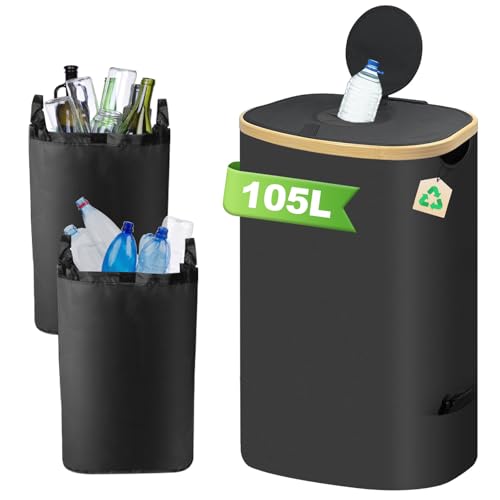 TFCIOD 105L Collecteur de Bouteilles avec Couvercle, Poubelle Tri Selectif Consignées pour Plastique, Bouteilles Verre avec 2 Sacs de Transport, Poubelle Recyclage avec Poches Latérales (Noir)