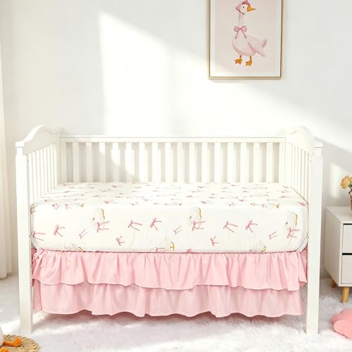 Image of Baby Crib Bedding Set for Girls, 4 Pcs Pink Gingham Baby Gril Crib Comforter Sets Include Crib Skirt, Comforter, Fitted Sheet, Diaper Stacker, (Cute Duck & Bow)