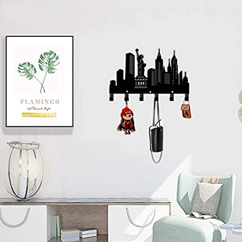 Coat Rack Wall Mount With 6 Hooks,New York City View Black Metal Key Holder,Wall Hooks For Hanging,Decorative Coat Hooks For Towel,Clothes,Purse,Hat,Entryway,Bathroom,Kitchen,Mudroom,Home,Bedroom #TOP2