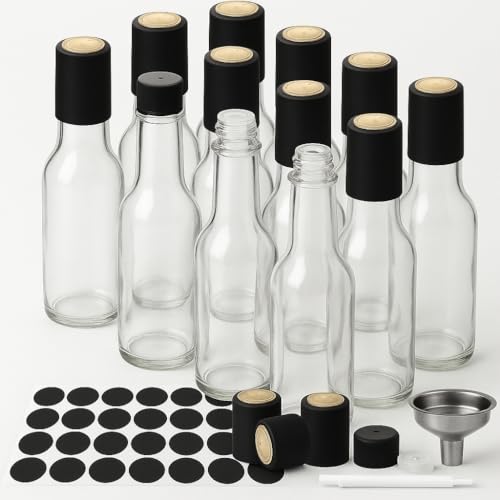 WERTIOO Hot Sauce Bottles, 12-Pack 5oz Glass Hot Sauce Containers with Caps & Funnel - Small Refillable Bottles for Homemade Oil, Vinegar - Great for Kitchen Use, Gifting, Sample Packaging