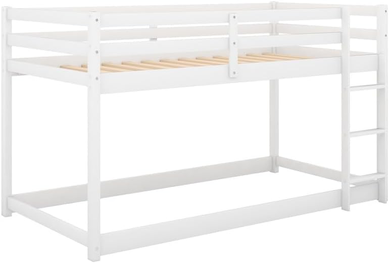 Twin Over Twin Floor Bunk Bed, Solid Wood Low Bunk Bed Frame with Full Guardrails & Integrated Ladder, No Box Spring Needed, White