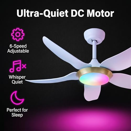 Liokoc Ceiling Fan with Color Chasing Light - RGB & Dimmable LED via Remote & APP, 6-Speed Reversible DC Motor, Quiet Modern Design for Gazebo Pavilion Bedroom Living Room, 42 Inch White Gold