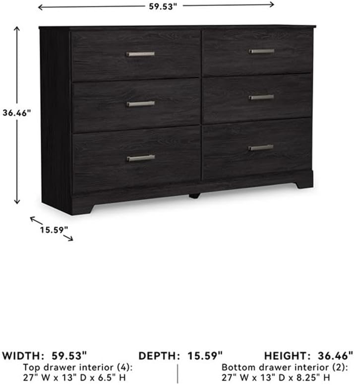 Pemberly Row Modern 6-Drawer Horizontal Dresser, Engineered Wood & MDF, Black Charcoal Finish with Oak Grain, Pewter-Tone Handles, 59.53" W x 15.59" D x 36.46" H, Bedroom Storage Furniture