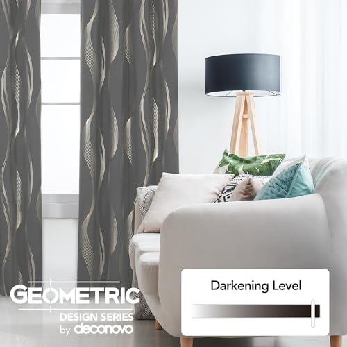 Deconovo Blackout Eyelet Curtains Thermal Insulated Gold Wave Line Foil Printed Curtains for Bedroom 46x54 Inch Light Grey 2 Panels - Image 2