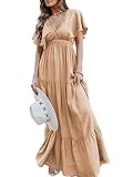 Amegoya Women's Short Sleeve Floral Print Casual Maxi Dress Evening Dress Cocktail Party Maxi Wedding Dresses（M Coffee Color）