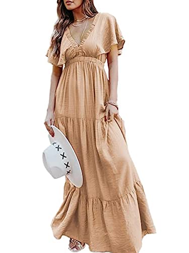 Amegoya Women's Short Sleeve Floral Print Casual Maxi Dress Evening Dress Cocktail Party Maxi Wedding Dresses（M Coffee Color）