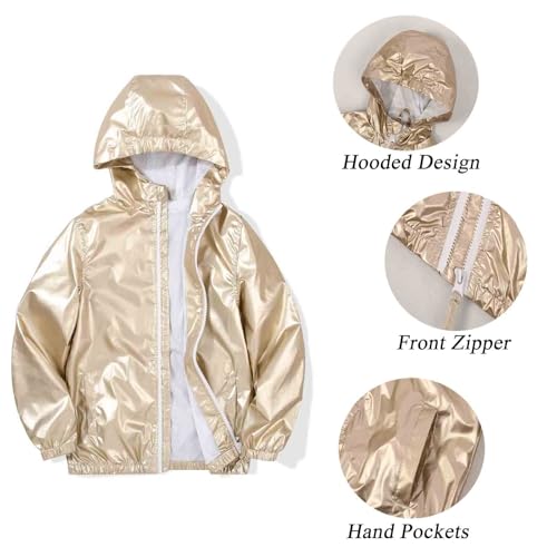SUNDAY ROSE Girls Windbreaker Jackets Lightweight Water Resistant Coat Outwear with Hooded for Kids Gold Size 123