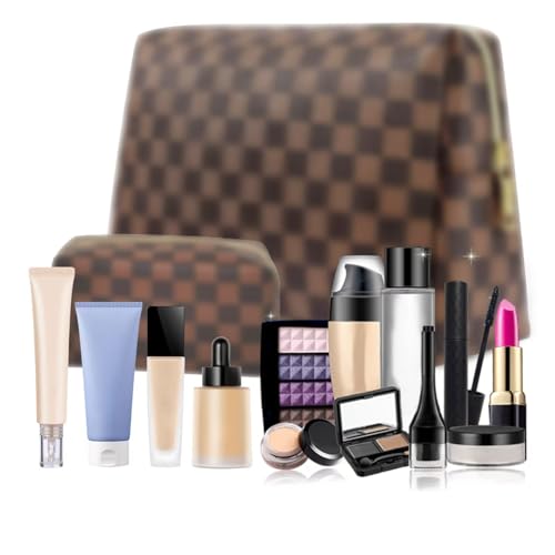 Checkered Makeup Bag, Portable Leather Cosmetic Bag, 2 Pcs Waterproof Travel Toiletry Bag for Women