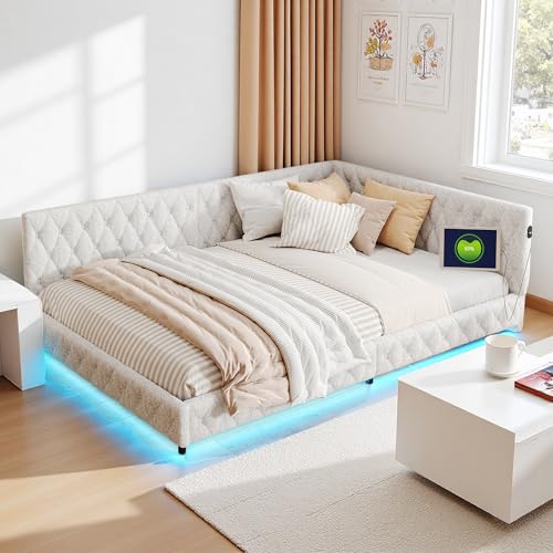 Canapé Lit 2 Places 140x200 avec Éclairage LED et Ports USB, Lit Banquette Rembourré Moderne avec Sommier à Lattes, Lits 2 Personners Multifonction pour...