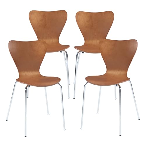 [en.casa] Conjunto de 4 Sillas de Comedor Essunga Set de 4 Asientos de Estilo Escandinavo para Comedor Sala de Estar Madera de Abedul y Metal 80 x 48 x 45,5 cm - Efecto Nogal/Cromo