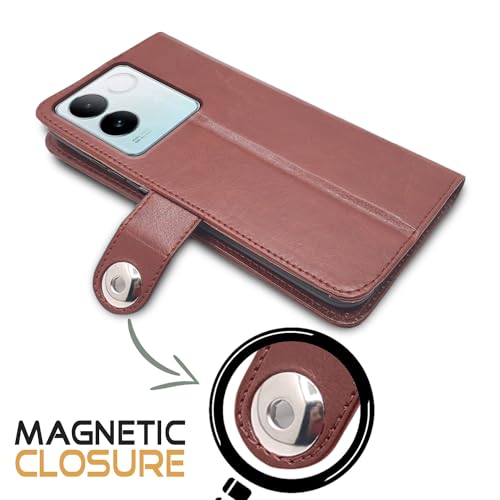 Image of Pikkme Vivo T2 pro 5G Flip Cover Leather Finish | Inside TPU with Card Pockets | Wallet Stand and Shock Proof | Complete Protection Button Flip Case (Brown)