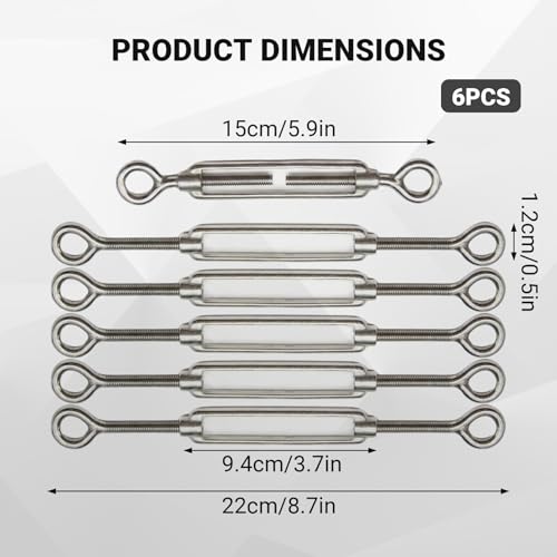 Tensores para cables, set de 6 piezas de acero inoxidable 304, ajustables Ojal-Ojal, uso pesado miniatura 6
