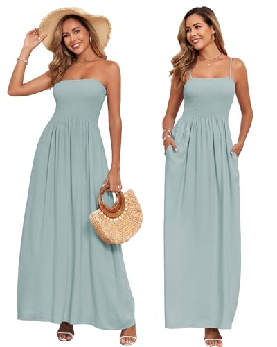 Image of Women Detachable Strap Beach Dress Strapless Smocked Pockets Maxi Dress | Removable Straps Flowy Swing A Line Maxi Beach Dress Boho Vacation Casual Smocked Strapless Beach Wedding Guest Sundress