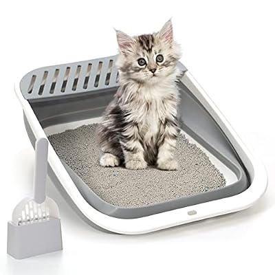 TomteNisse Foldable Cat Litter Box, Large Height-Adjustable Anti-Splash Open Air Kitty Litter Pan, Easy Clean with Scoop (Gray)
