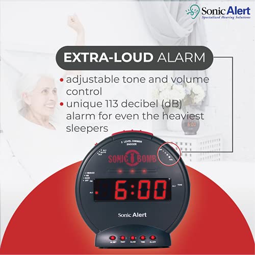 Sonic Bomb Dual Extra Loud Alarm Clock With Bed Shaker, Black | Sonic Alert Vibrating, Heavy Sleepers, Battery Backup | Wake With A Shake #TOP2