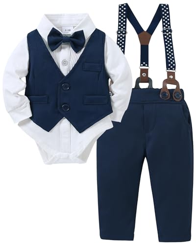 YUEMION Baby Boy Clothes Wedding Outfit Suits, Infant Boy Gentleman Set, Dress Shirt+Vest+Suspender Pants+Bowtie(Navy Blue, 0-3 Months)