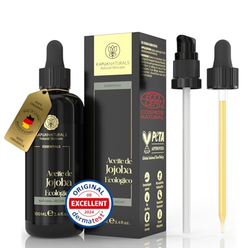 Aceite de Jojoba BIO • 100ml • 100% Puro, Natural & prensado en frío • Aceite de Jojoba para el cabello, cuero cabelludo, pestañas, cejas, barba y uñas • aceite de jojoba 100 puro y natural • Vegano