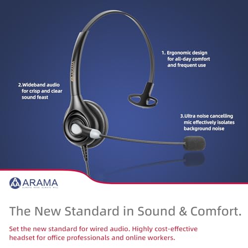 Image of Arama Telephone Headsets for Yealink Phones RJ600Y1 RJ9 Office Wired Headset with Mic Noise Canceling Compatible with Yealink VoIP Phone T54W T46U T33G Poly Snom Grandstream Phones Desk Landline