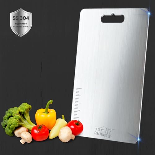 Image of Stainless Steel Chopping Board for Kitchen Large, Metal Chopping Board for Meats, Fruits and Vegetables, Non Slip Heavy Duty Steel Cutting Board, Dishwasher Safe, 36cm x 25cm