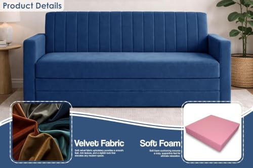 Image of Sofa-Cum-Bed | Three-Seater Sofa Bed Couch with Armrest | Modern Fabric Sofa for Living Room, Bedroom & Office-Blue-Color