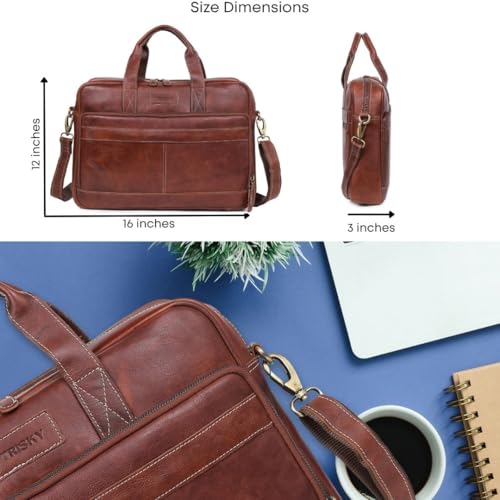 TRISKY Leather Messenger Bag for Men, Laptop Messenger & Shoulder Bags, Leather Laptop Bag for Women, Oak and Tan Crossbody, Travel, Gifting (Tan, 16 inch)2