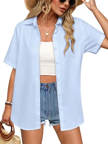 Image of Women Hawaiian Shirt Button Down Summer Tops Beach Short Sleeve Blouse