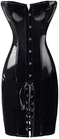 Wonder Pretty Womens Corset Dress Steampunk Wetlook Faux Leather Vintage Club Halloween Party Bustiers Black