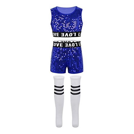 CHICTRY Traje Lentejuelas de Danza Jazz Niñas Infántil Ropa Baile Callejero Camiseta Crop Top sin Mangas Pantalón Corta Cintura Elástica Disfraz de Hip Hop Niños Chicas Azul 3-4 Años