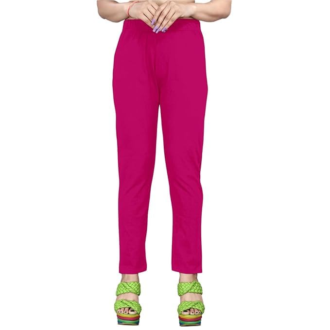 Image of Women's Solid Cotton Lycra Pants-High Waist Slim Fit Stretchable Leggings - Comfortable Long Trousers for Casual, Office & Everyday Wear