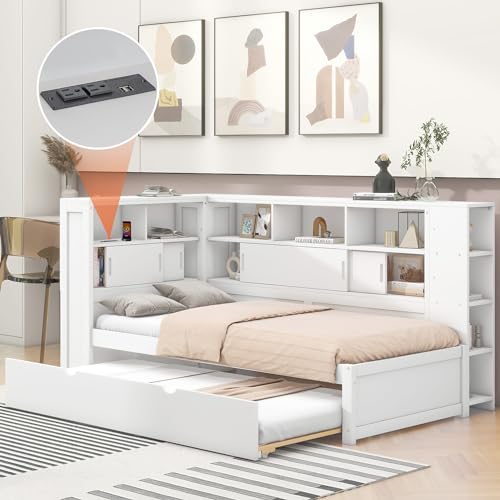 Merax Plattformbett Schrankbett für Kinder mit Ausziehbett, Staufach mit USB - Weiß 90x200cm (Ohne Matratze)