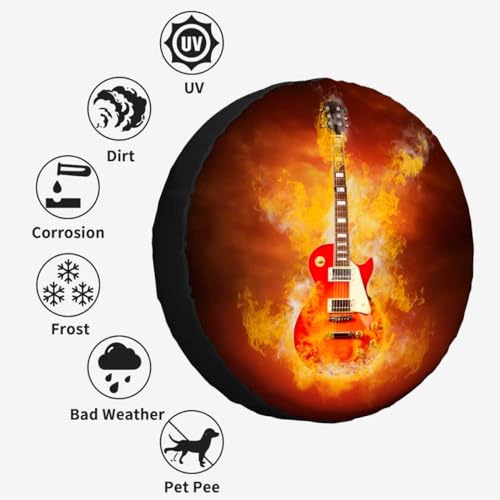 Image of Rock Guitar in Burning Fire Spare Tire Cover for RV Trailer Rock Instrument Guitar Wheel Protectors Weatherproof Polyester Tire Case for All Cars SUV Camper Travel 15 inch, STC065