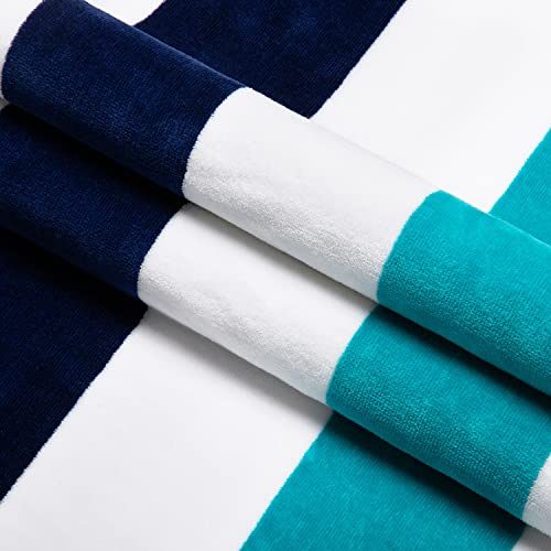 Cabanana Large Oversized Beach Towels - Velour Cotton 35 X 70 Inch Cyan Horizontal Striped Fluffy Pool Towel, Plush Summer Swimming Cabana Towel #TOP1