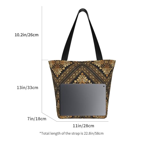 Oriental Vintage Damask Pattern - Black And Gold Reusable Zippered Shoulder Bag, Stylish Polyester Tote With Wide Handle & Inner Pocket, Lightweight Durable Shopping & Travel Bag2
