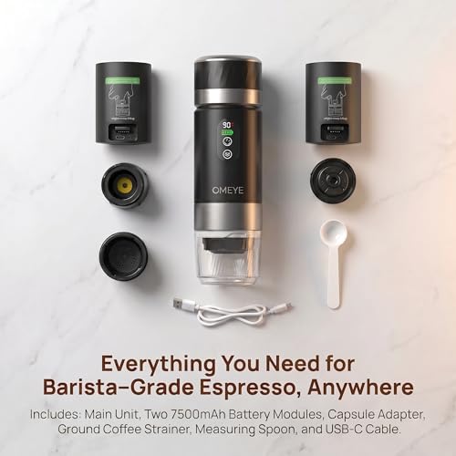 OMEYE Portable Espresso Maker for Camping Travel Office – 20 Bar Self-Heating Cordless Coffee Machine, LED Display, Dual 7500mAh Battery, USB-C, Compatible with Small/Large Capsules & Ground Coffee — view 6