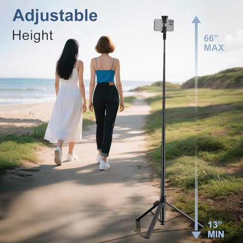 Image of 66 inch Automatic Phone Tripod Stand with Remote, Cell Phone Tripod for iPhone Video Recording & Live Streaming, Adjustable Selfie Stick Tripod for Content Creators, Vloggers (Black)