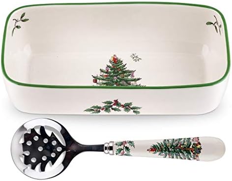 Spode Christmas Tree Design- Cranberry Bowl with Slotted Spoon- White Porcelain
