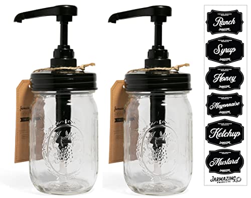 Jarmazing Products Mason Jar Syrup Dispenser - Set Of 2 – 16 Oz Ball Jars With Rust-Proof, Leak-Proof, Food Grade Pumps For Honey, Syrups, Condiments, Salad Dressings And More #TOP2