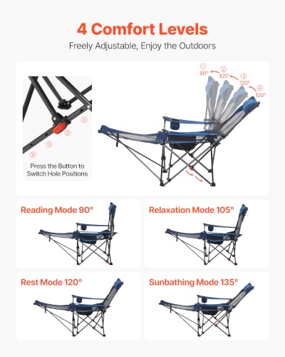 VEVOR Silla de Camping Reclinable 2 en 1 con Reposapiés para Adultos, 4 Posiciones Ajustables, Silla Ligera de Malla Portátil para Playa, Soporta 300 lbs, Azul miniatura 4