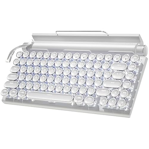 Retro Typewriter Wireless Mechanical Gaming Keyboard, Bluetooth 5.0 Office Computer Vintage Keyboards 83-Key Blue Switches Punk Round Keycap, LED Backlight, Compatible with PC/Laptop/Pad/Phone, White
