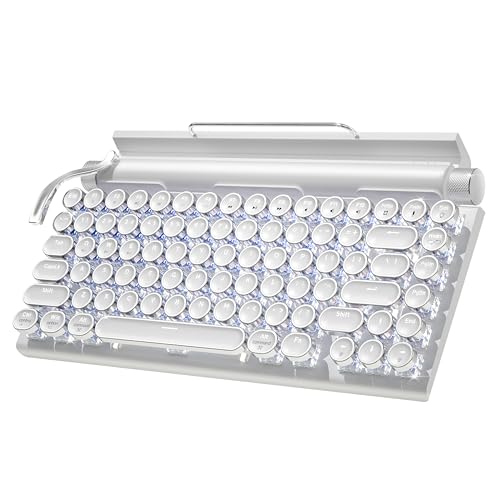 Retro Typewriter Wireless Mechanical Gaming Keyboard, Bluetooth 5.0 Office Computer Vintage Keyboards 83-Key Blue Switches Punk Round Keycap, LED Backlight, Compatible with PC/Laptop/Pad/Phone, White