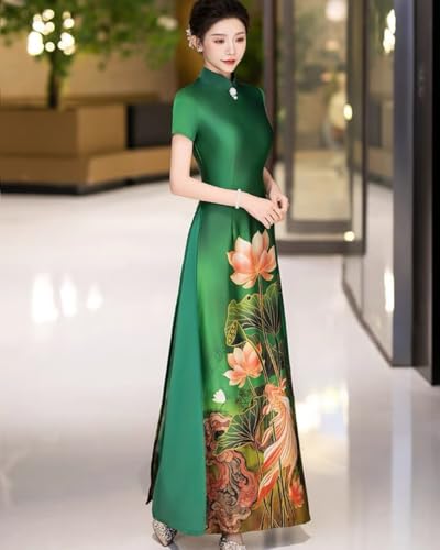Summer Short SleeveTraditional Ao Dai Cheongsam Qipao Dress with Lotus Flowers for Wedding,Party,Evening Wear3
