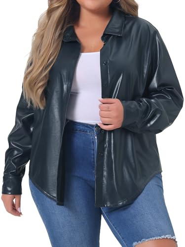 Agnes Orinda Plus Size Faux Leather Jacket Shacket for Women Motorcycle Biker Button Down Shirts