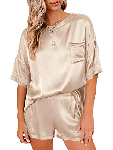 LYANER Women s Satin Silky Pajama Set Short Sleeve T-shirt With Shorts Set PJs Loungewear Champagne Small