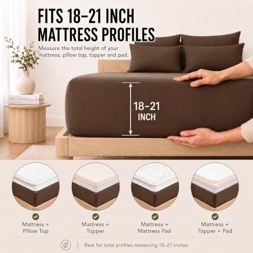 Image of CozyLux 6-Piece Queen Sheet Set, Fits 18-21 Inch Mattresses, Oeko-TEX | 4 Pillowcases, 1 Flat Sheet and 1 Fitted Sheet with All-Around Elastic and 21-Inch Deep Pocket for a Secure Fit, Brown
